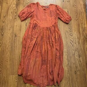 Max brown rust short sleeve pleated oversized Lagenlook dress XS cotton unlined
